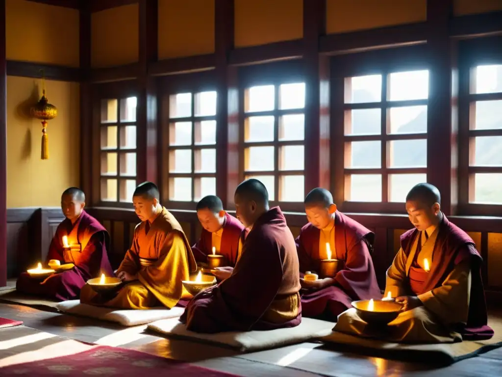 Monjes mongoles practicando el budismo tibetano en un monasterio, rodeados de ornamentos sagrados y luz cálida