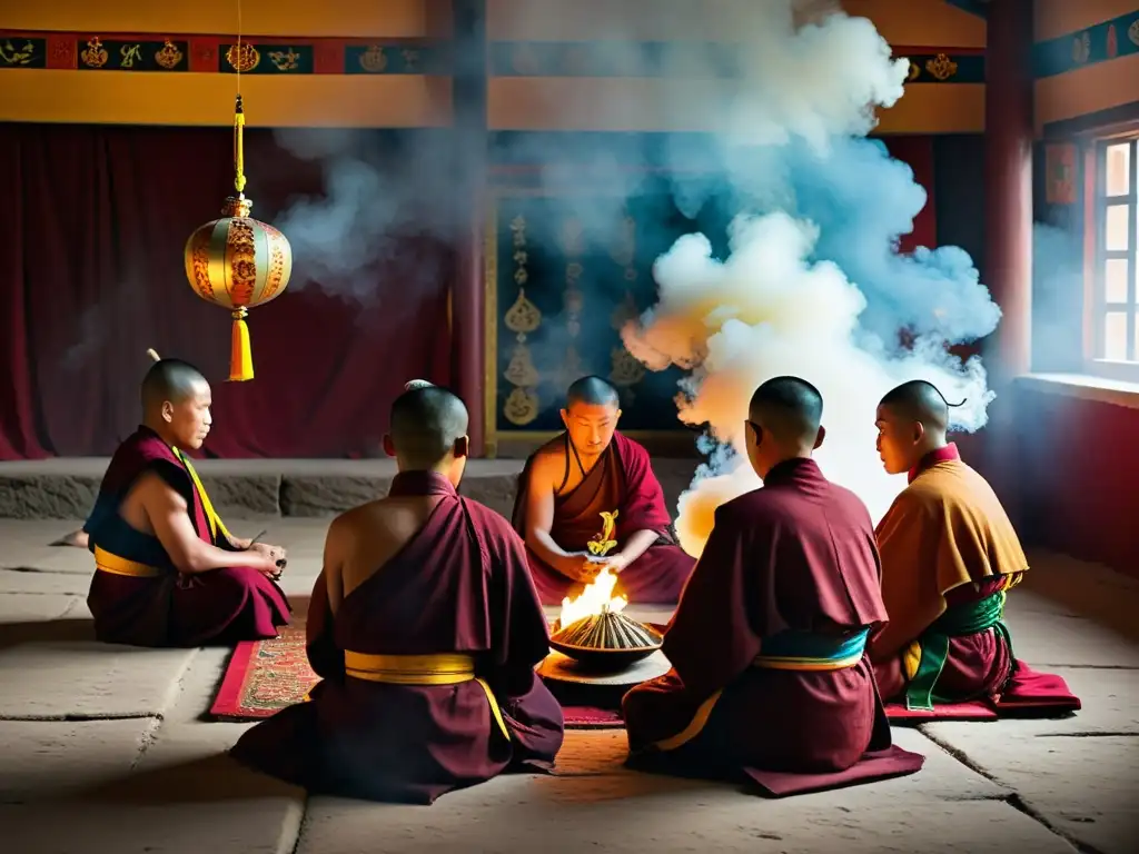 Monjes mongoles y tibetanos realizando prácticas religiosas en remoto monasterio de montaña, envueltos en humo de incienso