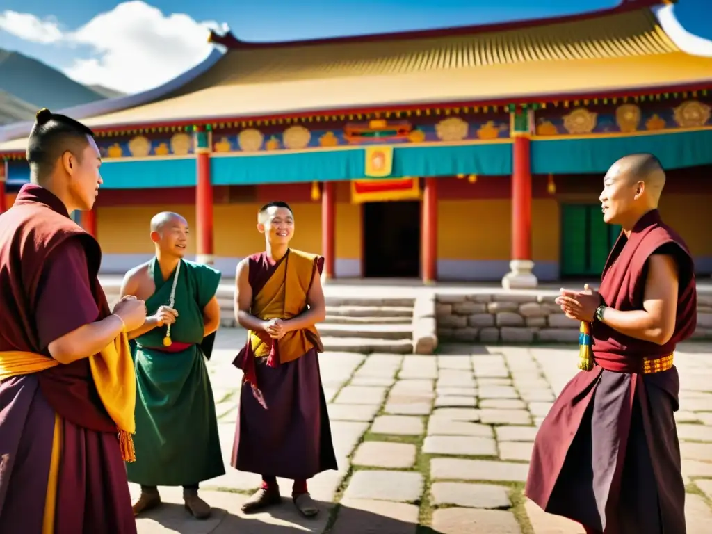 Monjes de Mongolia y Tíbet conversan animadamente en un patio soleado