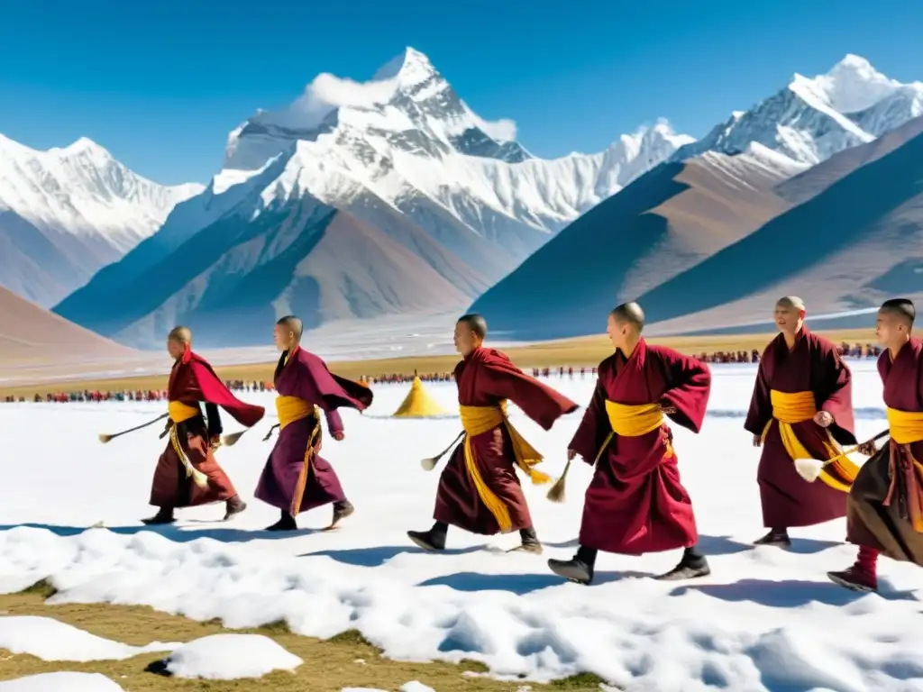 Monjes tibetanos en danza ritual con los Himalayas de fondo, capturando la relación bélica y espiritual mongolestibetanos