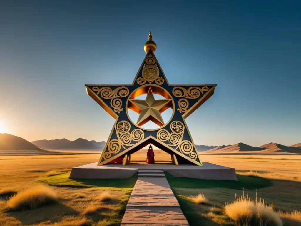 Monumento estelar de la cultura del Imperio Mongol: altar majestuoso en la estepa mongola al atardecer, con tribus nómadas rindiendo homenaje