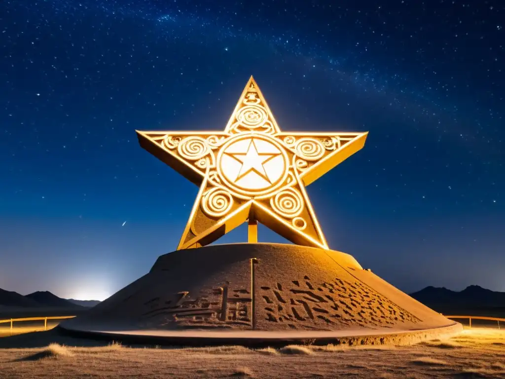 Monumento estelar en la cultura del Imperio Mongol: tallado detallado de símbolos astronómicos, bajo un cielo estrellado en la vasta estepa mongol