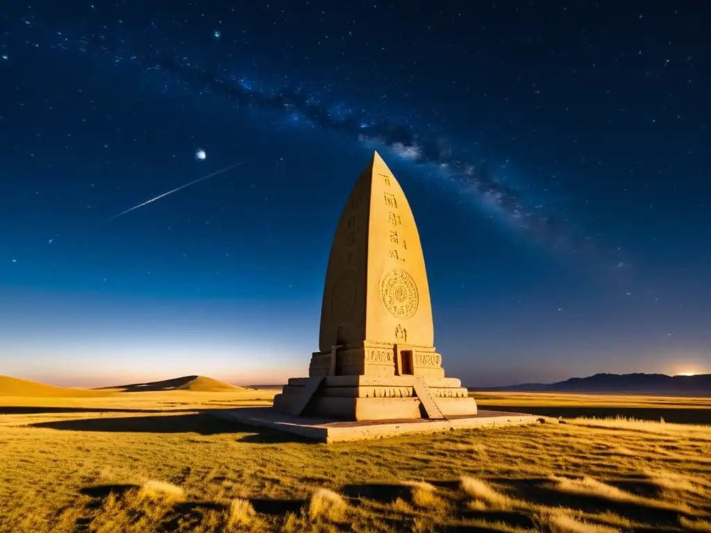 Monumento estelar tallado en piedra en la estepa mongola, iluminado por la luna, evocando la cultura y la astronomía del Imperio Mongol