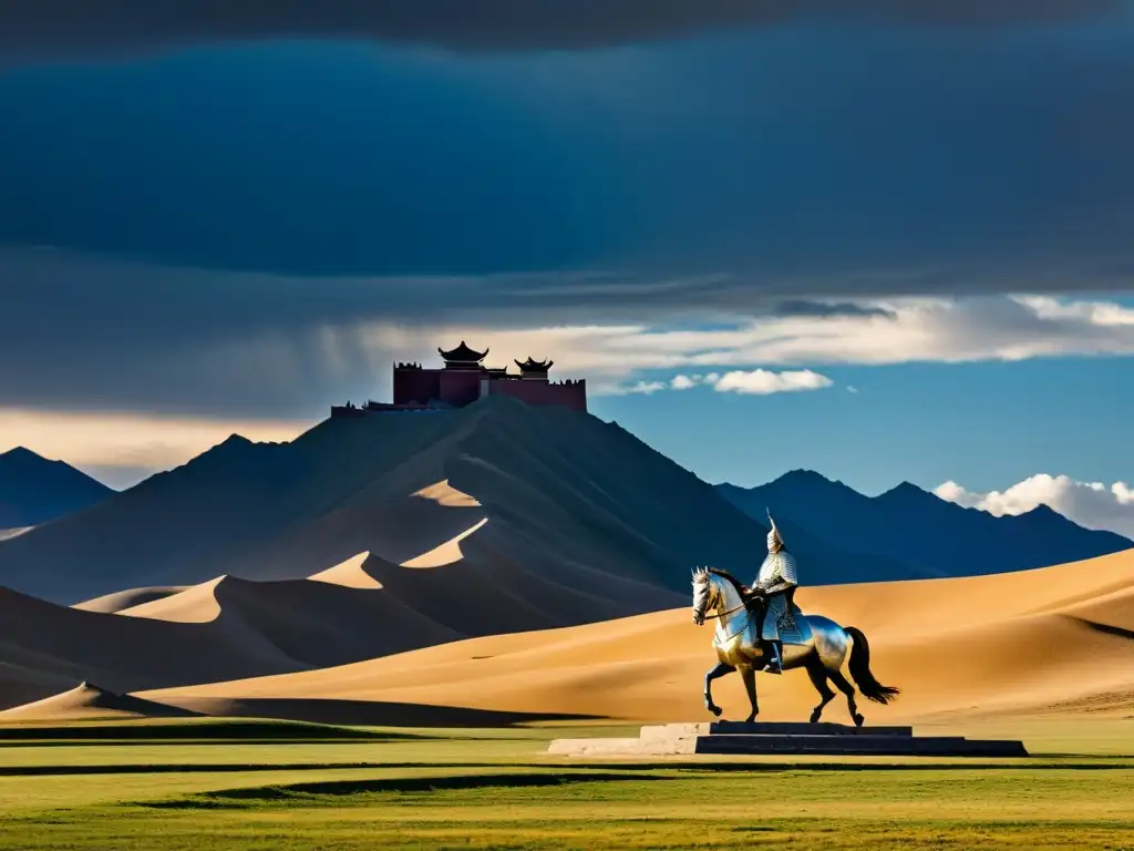 Monumento histórico: estatua ecuestre de Genghis Khan en Mongolia, simbolizando su legado y liderazgo en la cultura mongol