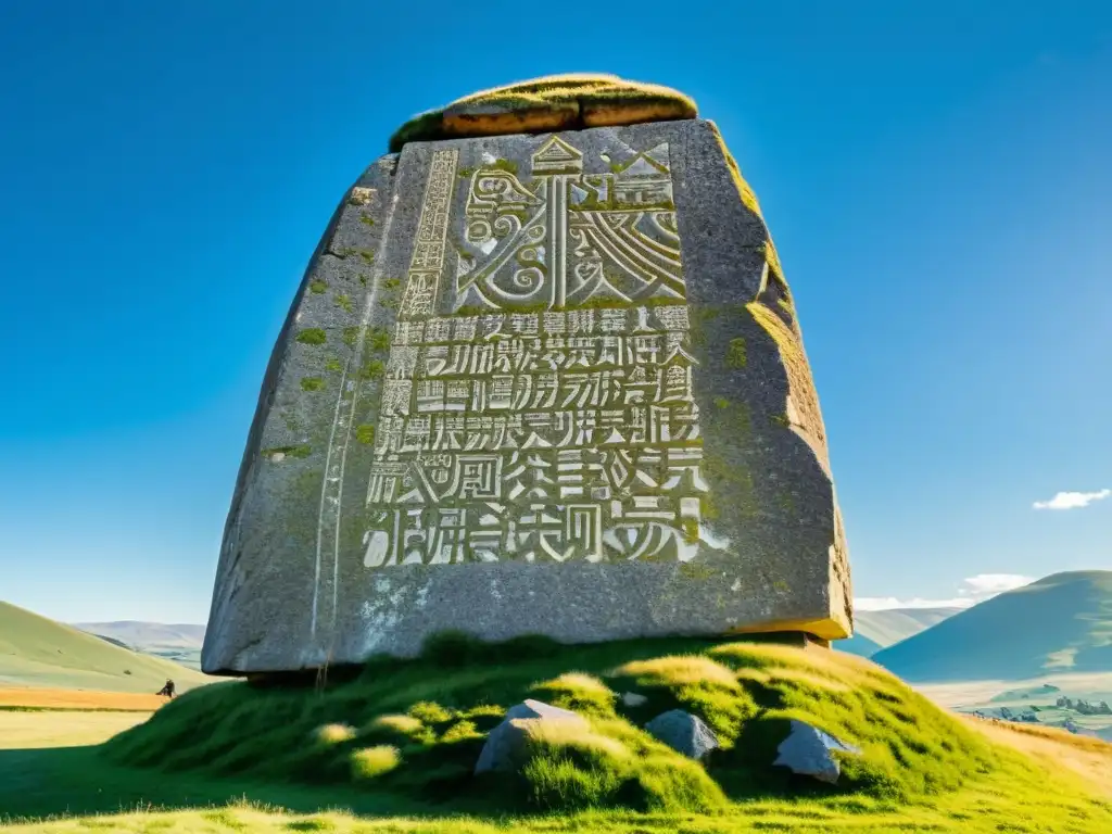 Monumento del Imperio Mongol con detalladas inscripciones de Orkhon en piedra, rodeado de naturaleza y marcado por el paso del tiempo