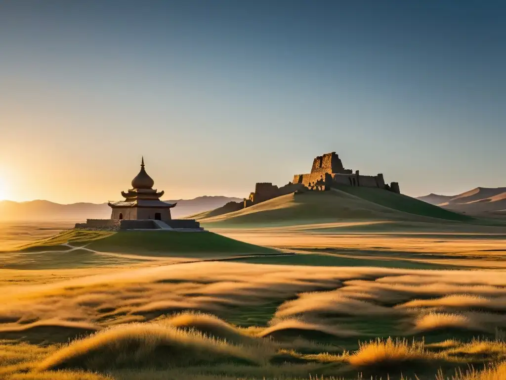 Monumento Khan en la estepa mongol, bañado por la luz dorada del atardecer, con ruinas y águila, evocando historia y cultura mongol