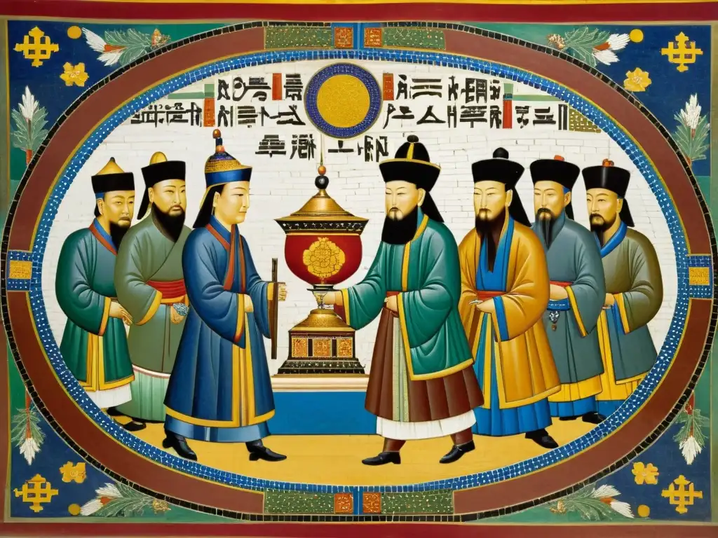 Mosaico detallado y complejo que muestra conflictos diplomáticos entre el Imperio Mongol y el Imperio Bizantino, con emisarios intercambiando regalos en un salón grandioso
