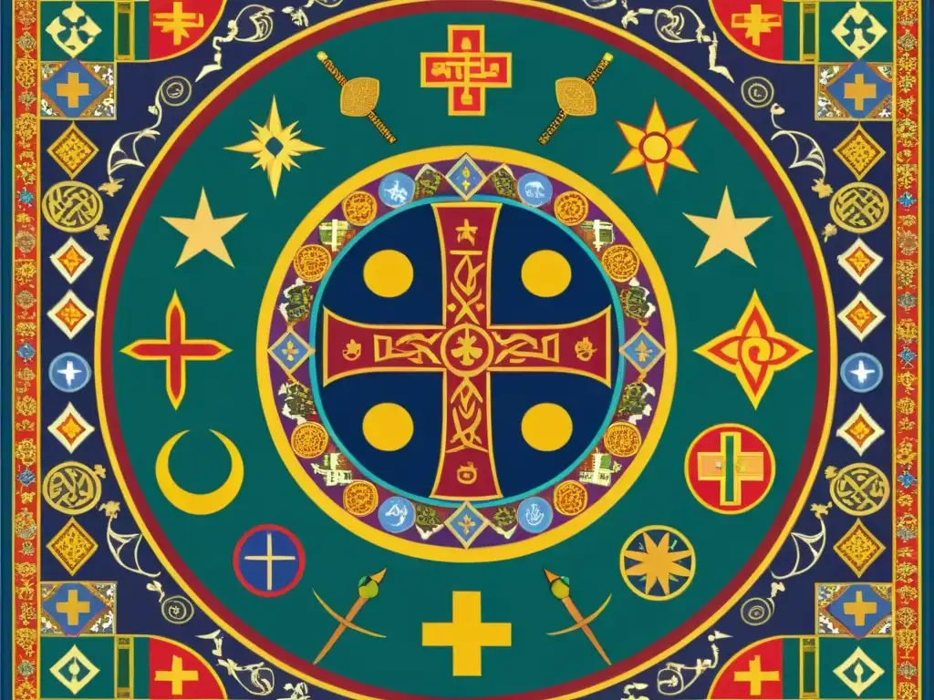 Un mosaico detallado de símbolos religiosos entrelazados en colores vibrantes, reflejando la coexistencia de creencias durante el dominio mongol