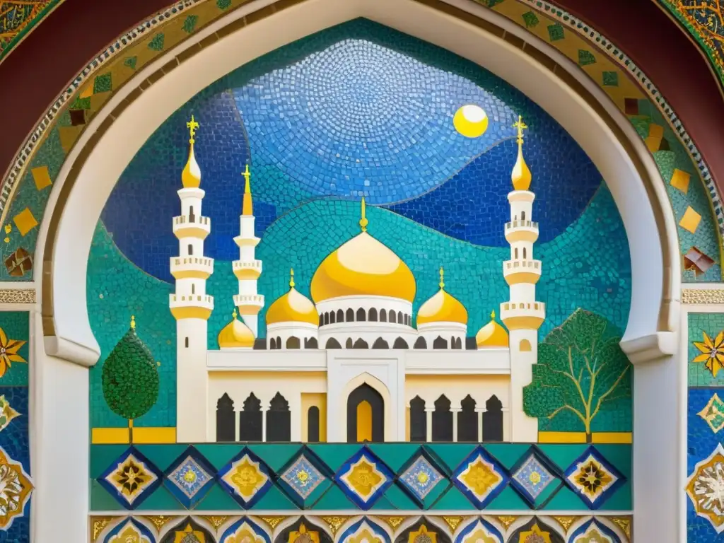 Un mosaico vibrante y exuberante en una mezquita histórica del Medio Oriente, muestra la convivencia pacífica y diversidad religiosa