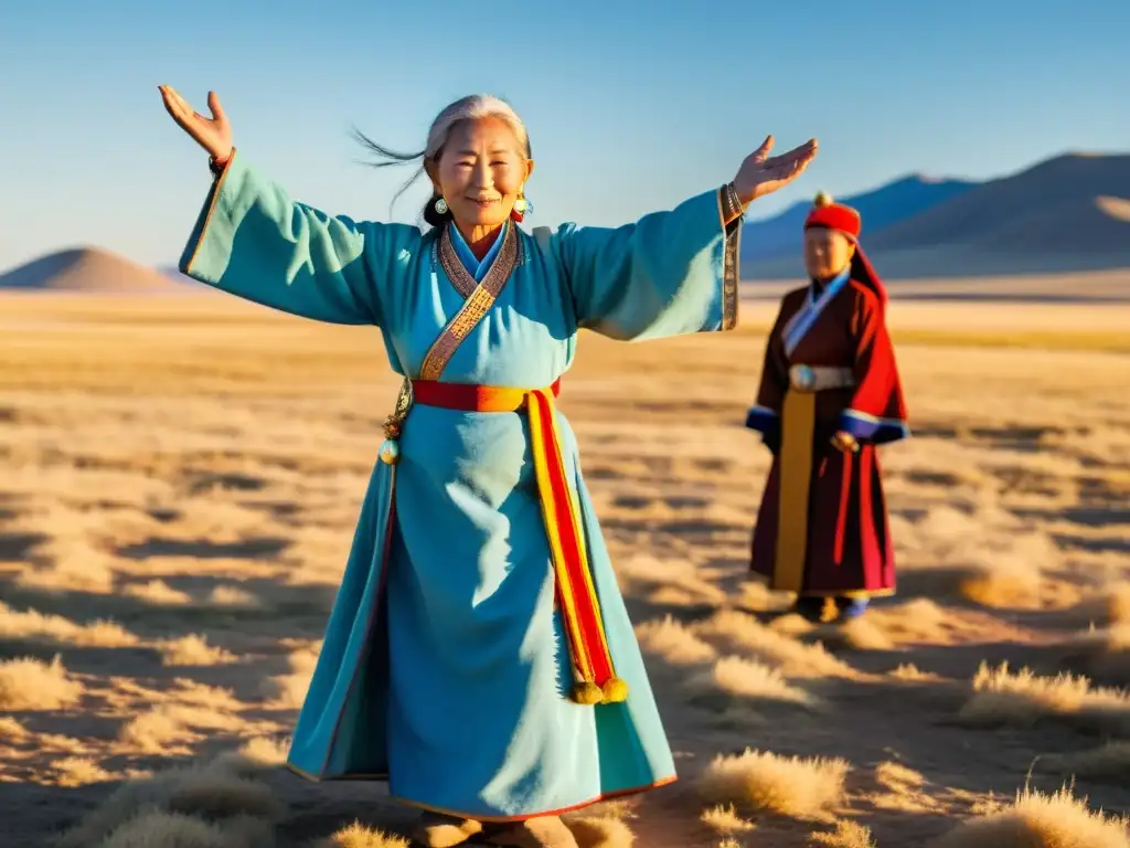 Mujer chamanista mongol danza ritual poder femenino comunidad atardecer