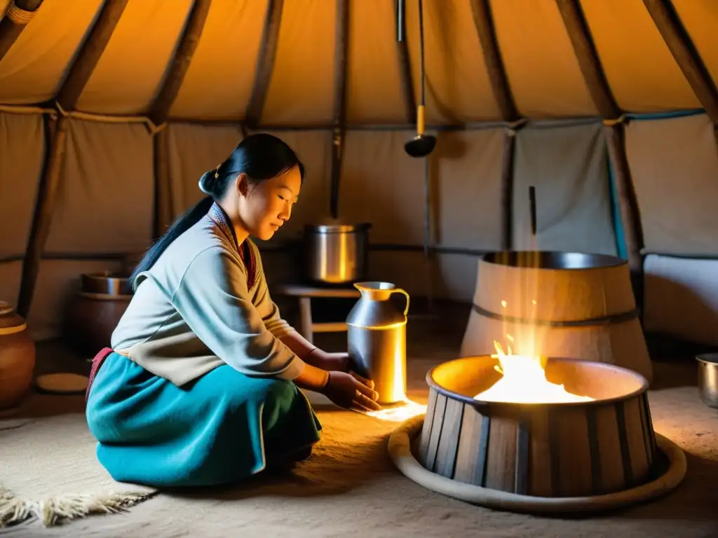 Una mujer mongol tradicional cuidadosamente prepara airag en una yurta, reflejando la tradición del airag en Mongolia