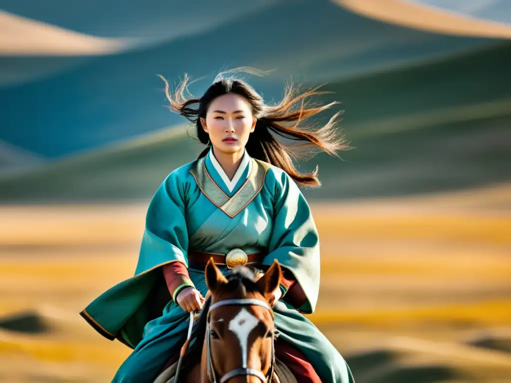 Una mujer mongol vestida con atuendo tradicional cabalga un majestuoso caballo en las vastas estepas de Mongolia, exudando fuerza y determinación