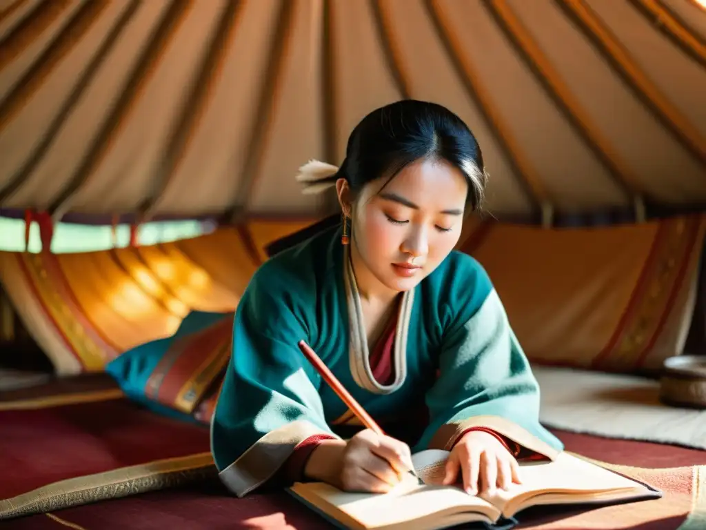 Una mujer mongola escribe en su yurta, rodeada de textiles tejidos a mano, capturando la esencia de la literatura mongola escrita por mujeres