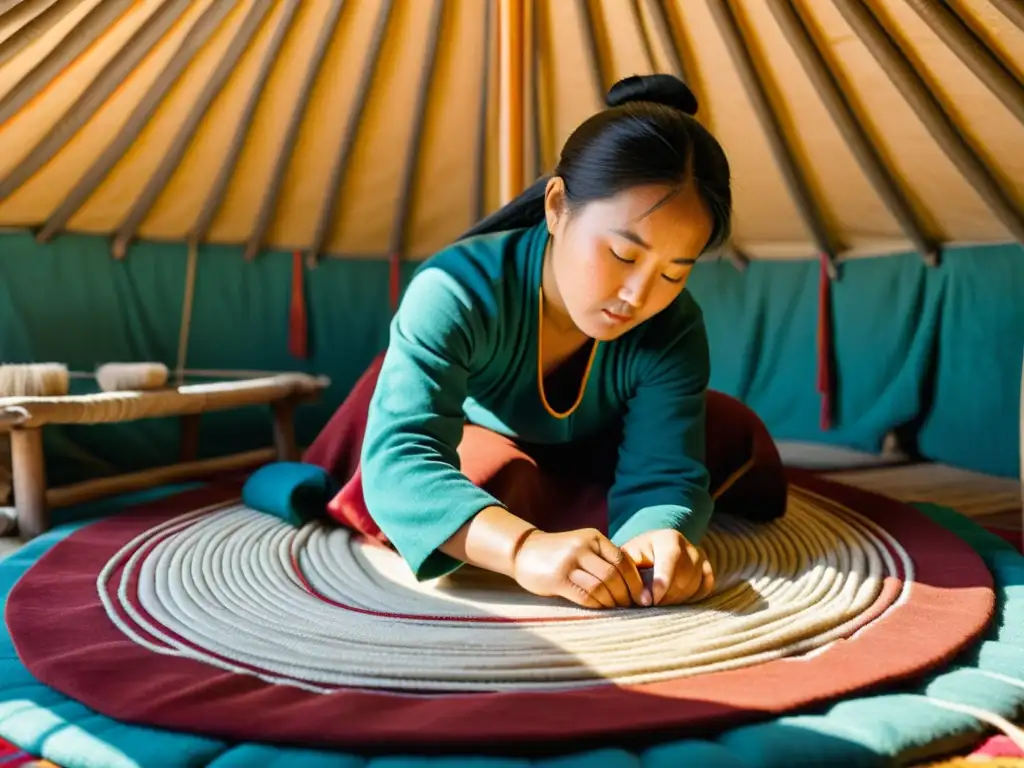 Una mujer nómada mongola teje patrones en un telar dentro de una yurta, mostrando la importancia de los textiles en la vida mongola