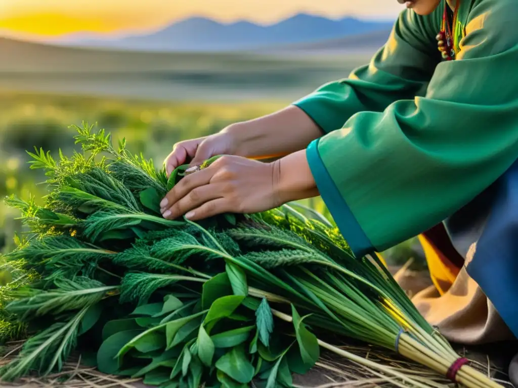 Una mujer nómada mongola recolectando plantas medicinales en la vasta estepa, bañada por la luz dorada del sol