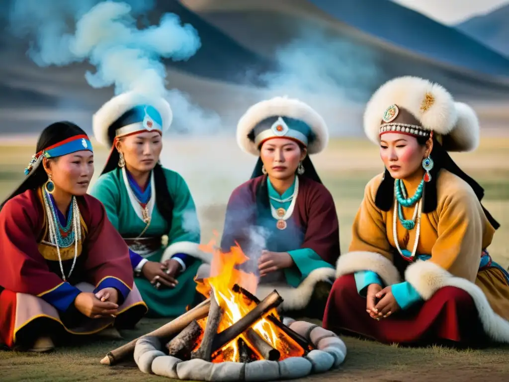 Mujeres chamanes mongolas realizando un ritual de fuego, transmitiendo poder y espiritualidad en la estepa mongola