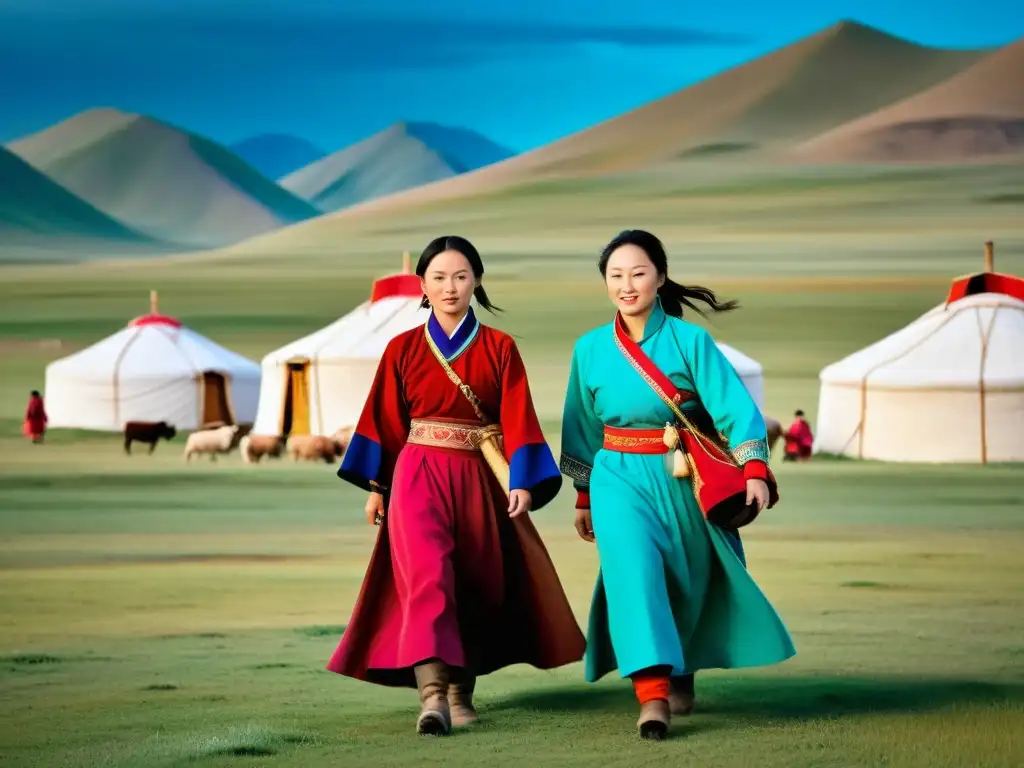 Mujeres en la economía mongol: Grupo de mujeres mongolas en actividades económicas tradicionales en las vastas estepas, con yurtas y montañas al fondo