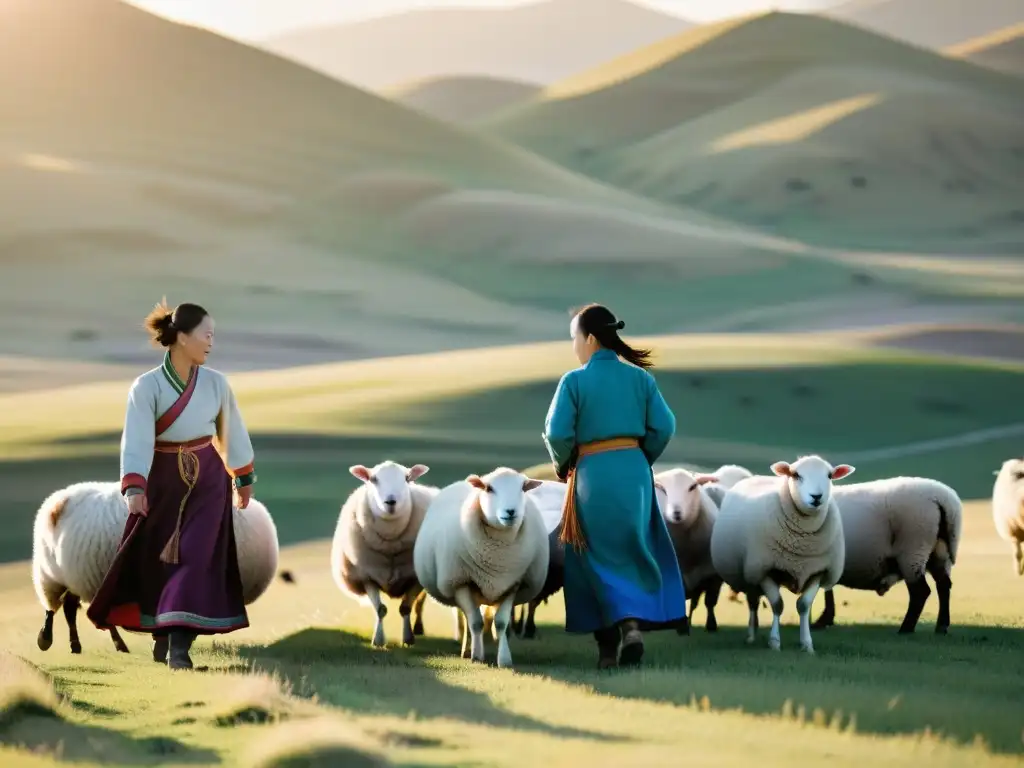 Mujeres en la economía mongol: Pastoras vestidas tradicionalmente cuidan un rebaño al atardecer en las extensas praderas de Mongolia