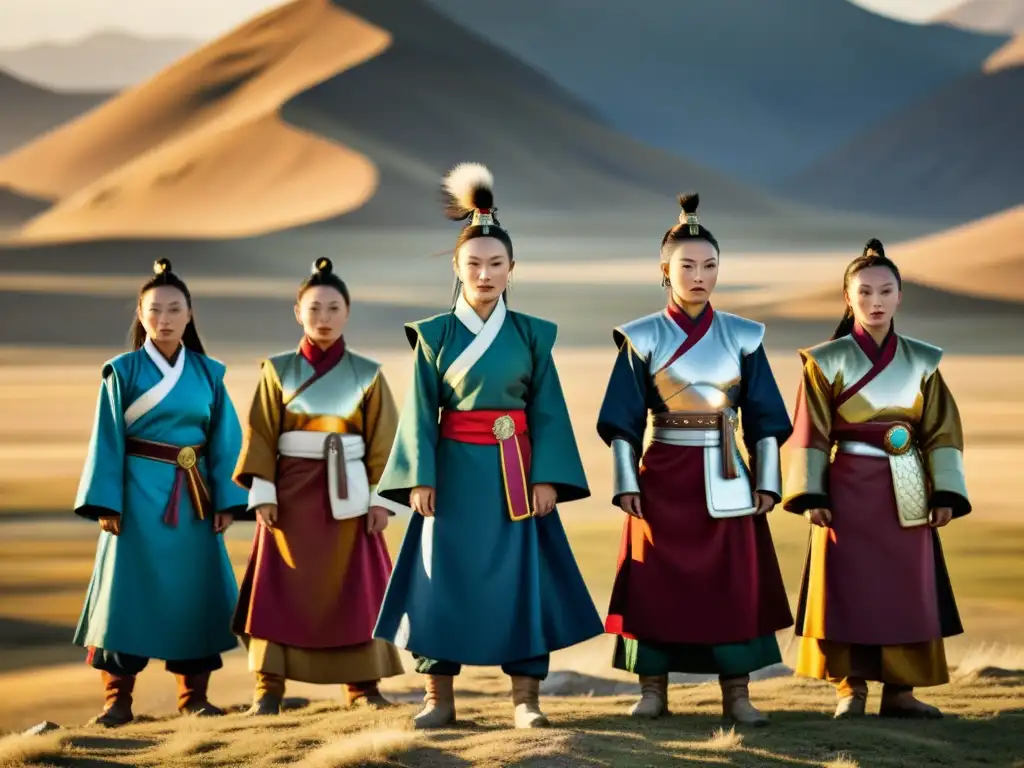 Mujeres guerreras en Mongolia: grupo de modernas mujeres mongoles en atuendo tradicional, expresión de fuerza y resiliencia en la vasta tierra mongola