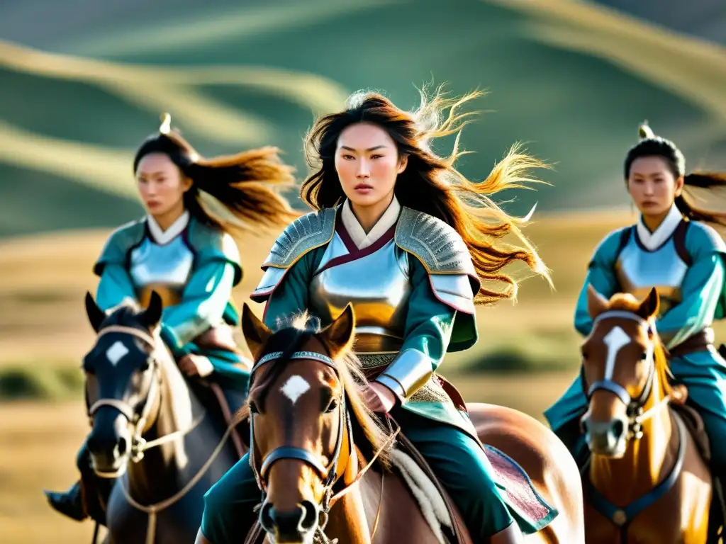 Mujeres guerreras mongoles cabalgando en la estepa, mostrando su rol en el Imperio Mongol