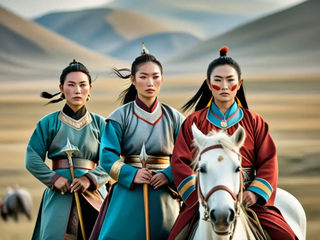 Mujeres guerreras en Mongolia: Grupo de valientes mujeres mongolas con atuendo tradicional y armas, en la vasta estepa