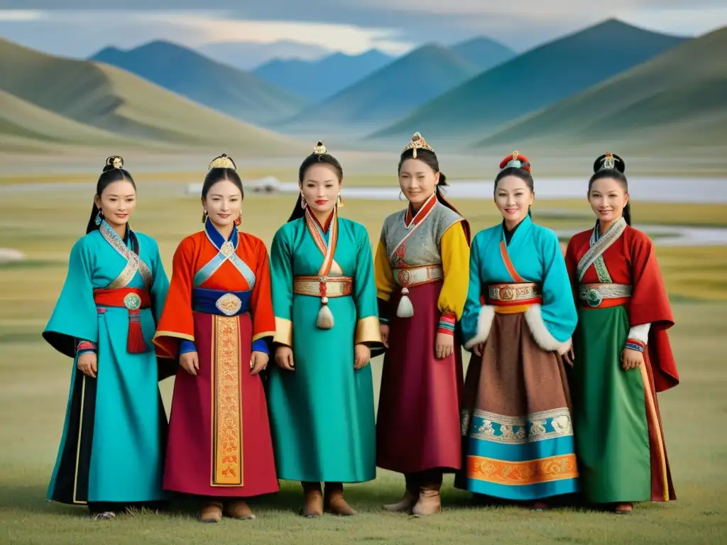 Mujeres guerreras en Mongolia: Grupo de mujeres vestidas con trajes tradicionales, joyas y pinturas faciales, destacando fuerza y belleza cultural