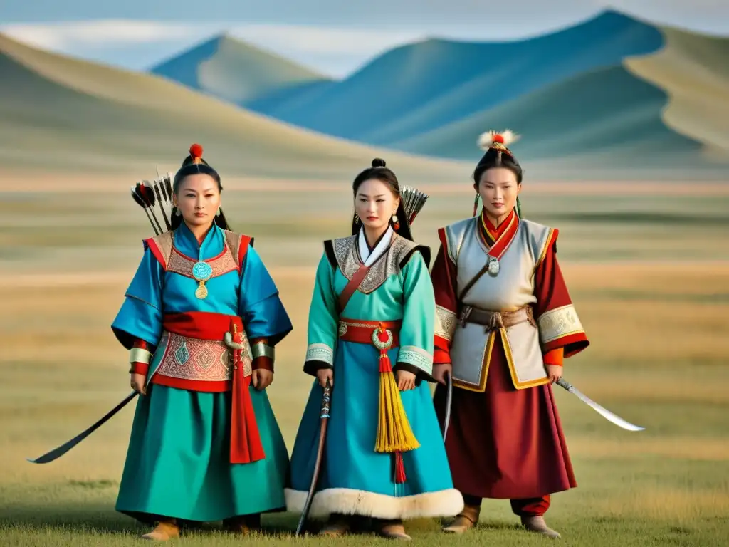 Mujeres guerreras en Mongolia: Grupo de mujeres vestidas con atuendo tradicional, orgullosas en la estepa mongola