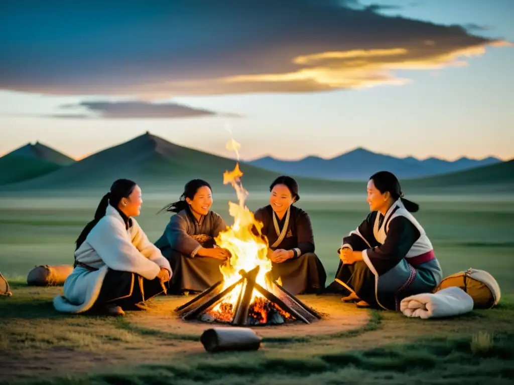 Mujeres en el Imperio Mongol: Fotografía en blanco y negro de mujeres mongolas en la estepa, mostrando su vitalidad y labor diaria