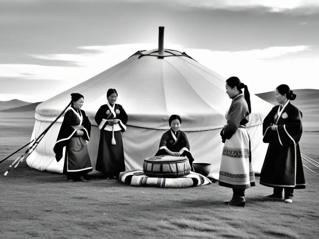 Mujeres en el Imperio Mongol: Fotografía en blanco y negro de mujeres mongoles alrededor de una yurta, mostrando su vida multifacética en la estepa