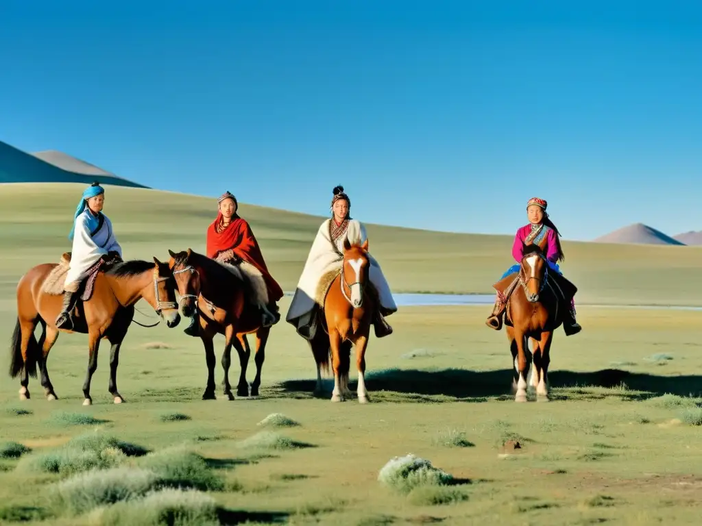 Mujeres en el Imperio Mongol atienden a caballos en la vasta estepa, mostrando determinación y belleza en su entorno