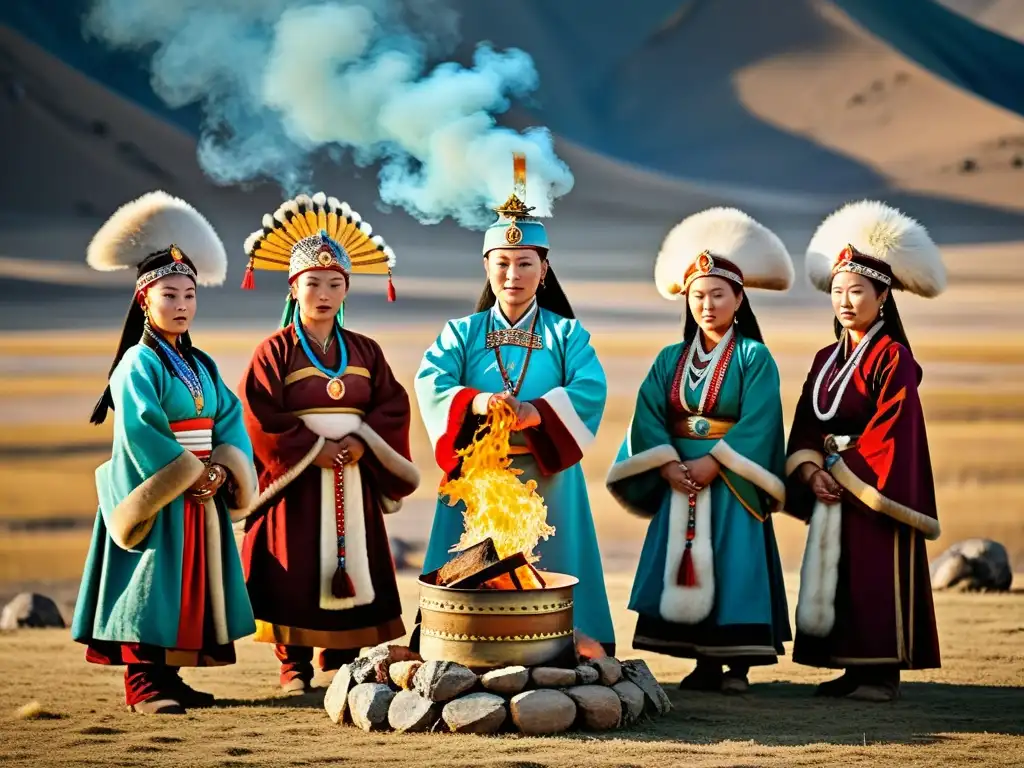 Mujeres chamán en el Imperio Mongol danzan en círculo alrededor del fuego ceremonial, vistiendo atuendos tradicionales y joyería colorida