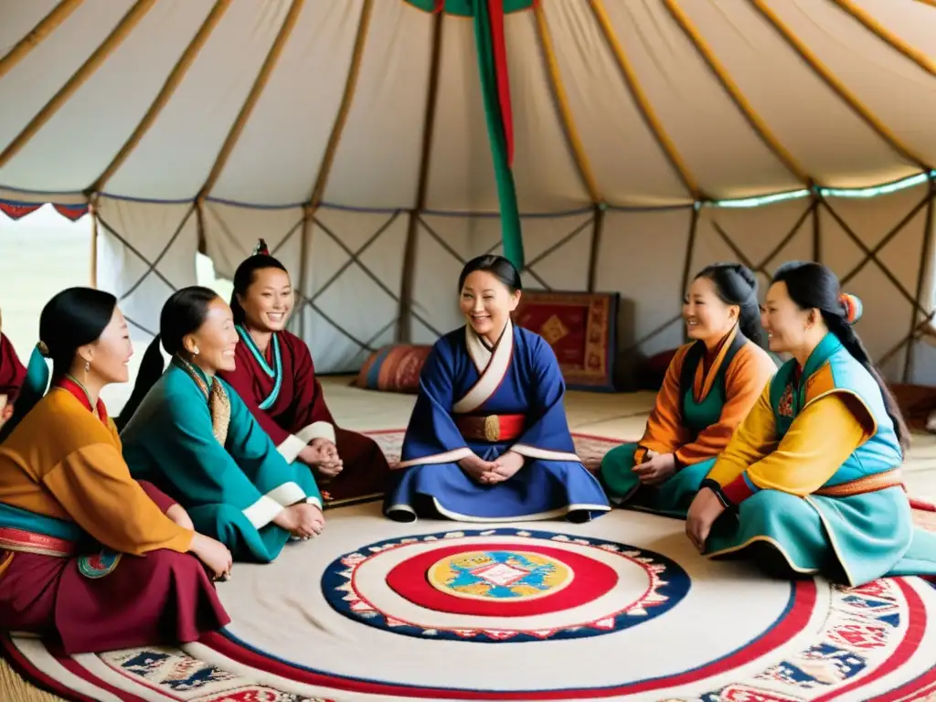 Mujeres en el Imperio Mongol comparten comida y conversación en una yurta, vistiendo trajes tradicionales coloridos, transmitiendo sabiduría y fuerza