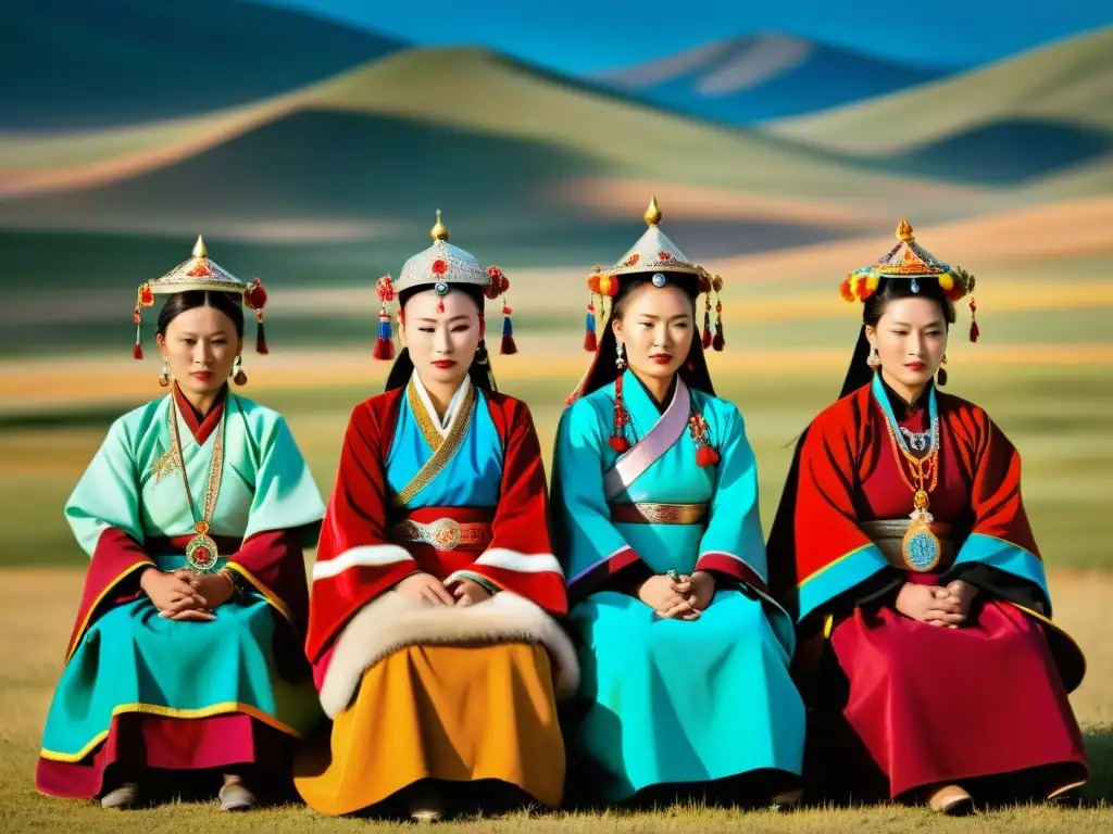 Mujeres en el Imperio Mongol: Fotografía detallada de mujeres en trajes tradicionales realizando una ceremonia religiosa en el paisaje mongol