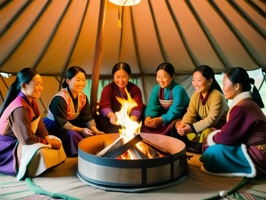 Mujeres en el Imperio Mongol reúnen alrededor del fuego en una yurta, realizando tareas domésticas mientras la luz cálida ilumina el ambiente