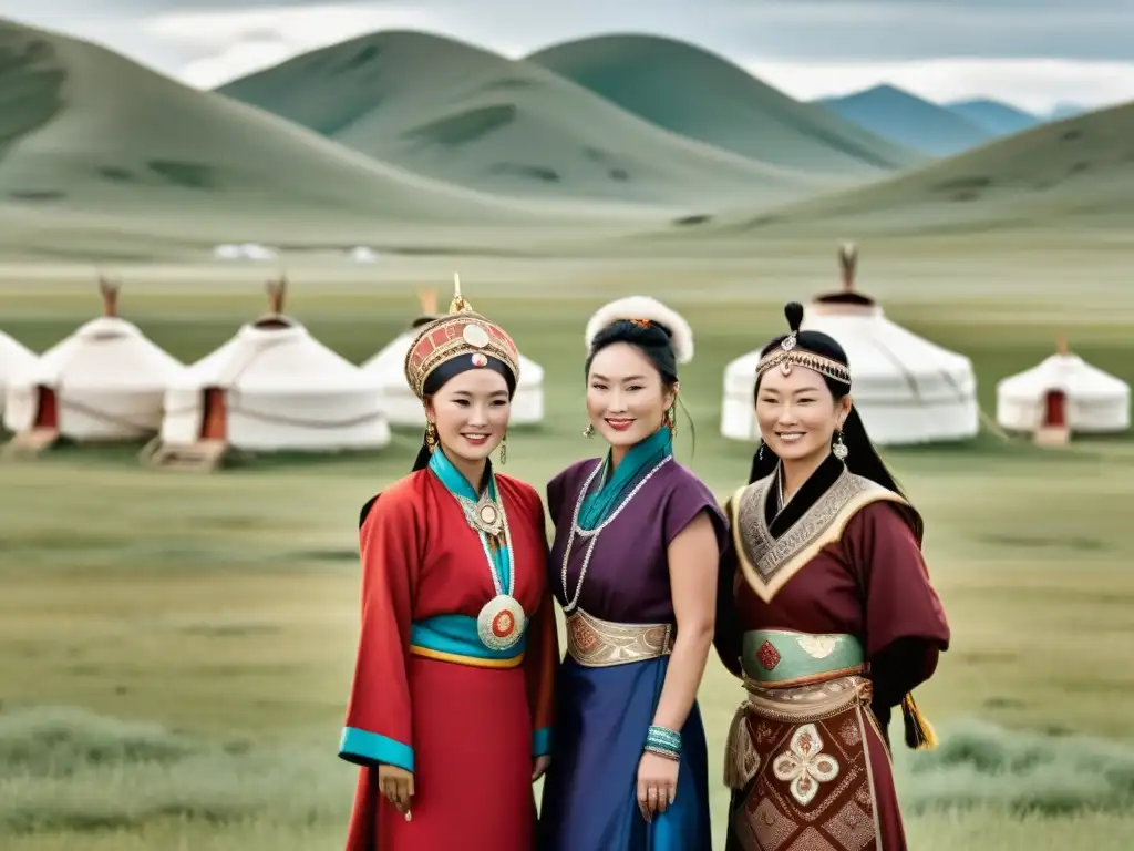 Mujeres en el Imperio Mongol: grupo de mujeres mongolas vistiendo atuendos tradicionales, orgullosas en la vasta estepa, con yurtas al fondo