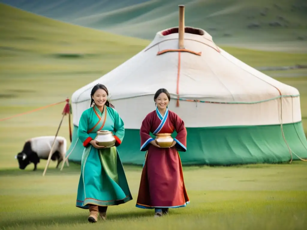 Mujeres en el Imperio Mongol: Grupo de mujeres en trajes tradicionales, trabajando en la estepa mongol, bajo el cálido sol y un cielo azul