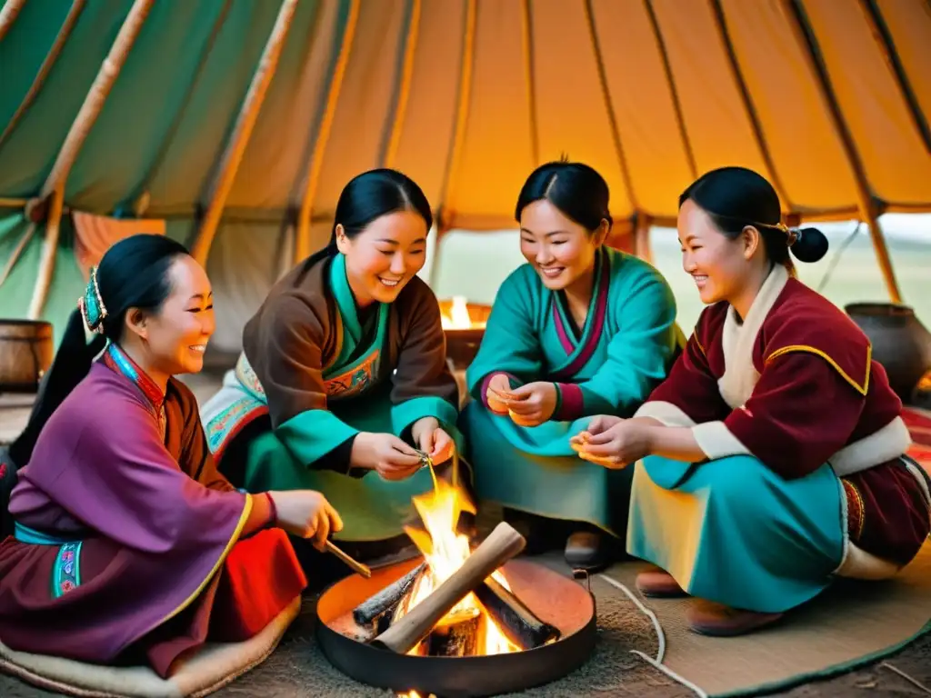 Mujeres en el Imperio Mongol: Grupo de mujeres mongoles en atuendos tradicionales, compartiendo en una yurta iluminada por el fuego, con expresiones de camaradería y resiliencia