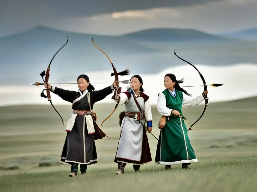 Mujeres en el Imperio Mongol: grupo de mujeres mongoles en trajes tradicionales, con arcos y flechas, junto a sus caballos en la extensa estepa