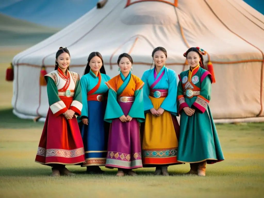 Mujeres en el Imperio Mongol: Grupo de mujeres mongoles vistiendo trajes tradicionales, orgullosas frente a una yurta en la vasta estepa