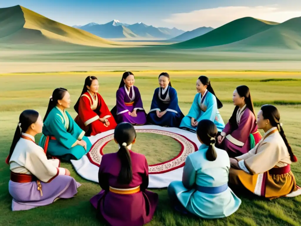 Mujeres en el Imperio Mongol: Grupo de mujeres mongolas vestidas tradicionalmente, reunidas en animada discusión frente al vasto paisaje mongol