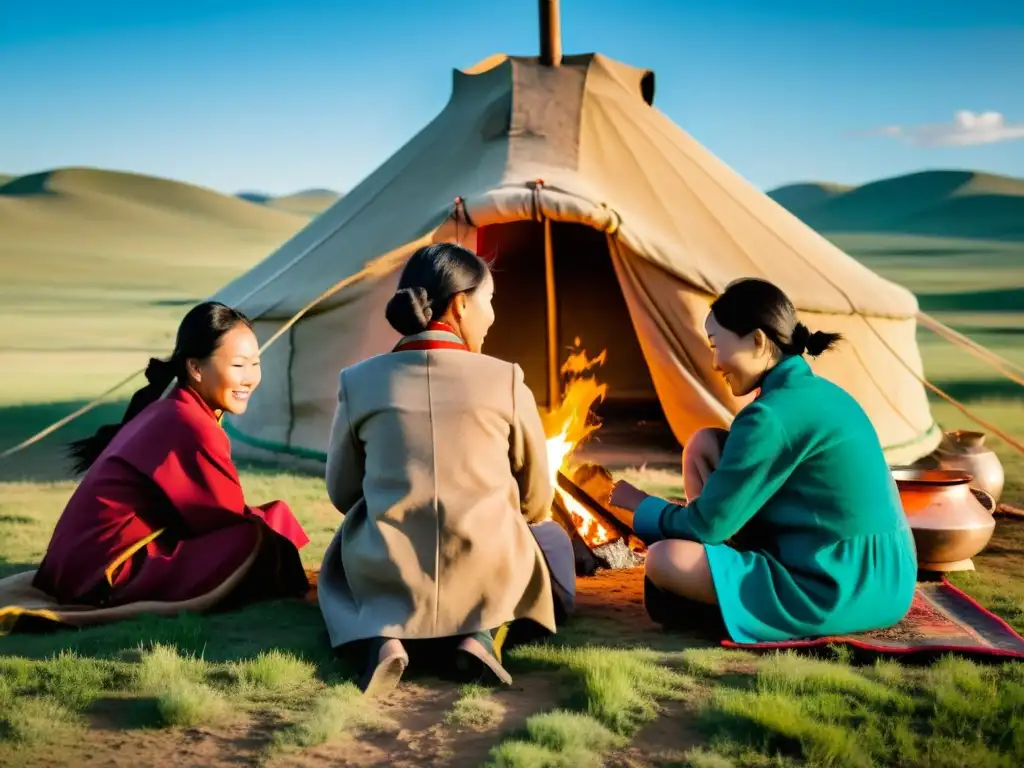 Mujeres en el Imperio Mongol: Grupo de mujeres mongolas en la estepa, realizando actividades tradicionales alrededor de un campamento, con una yurta y caballos al fondo