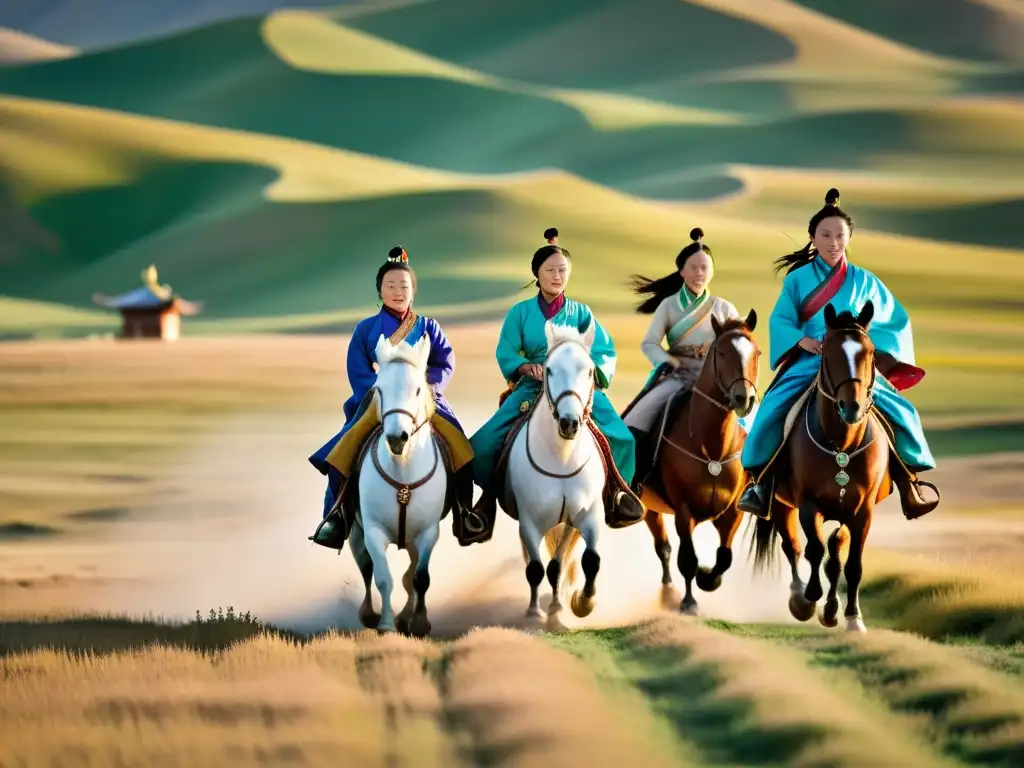 Mujeres en el Imperio Mongol: Grupo de mujeres mongoles cabalgando por las vastas estepas, mostrando su poder y libertad