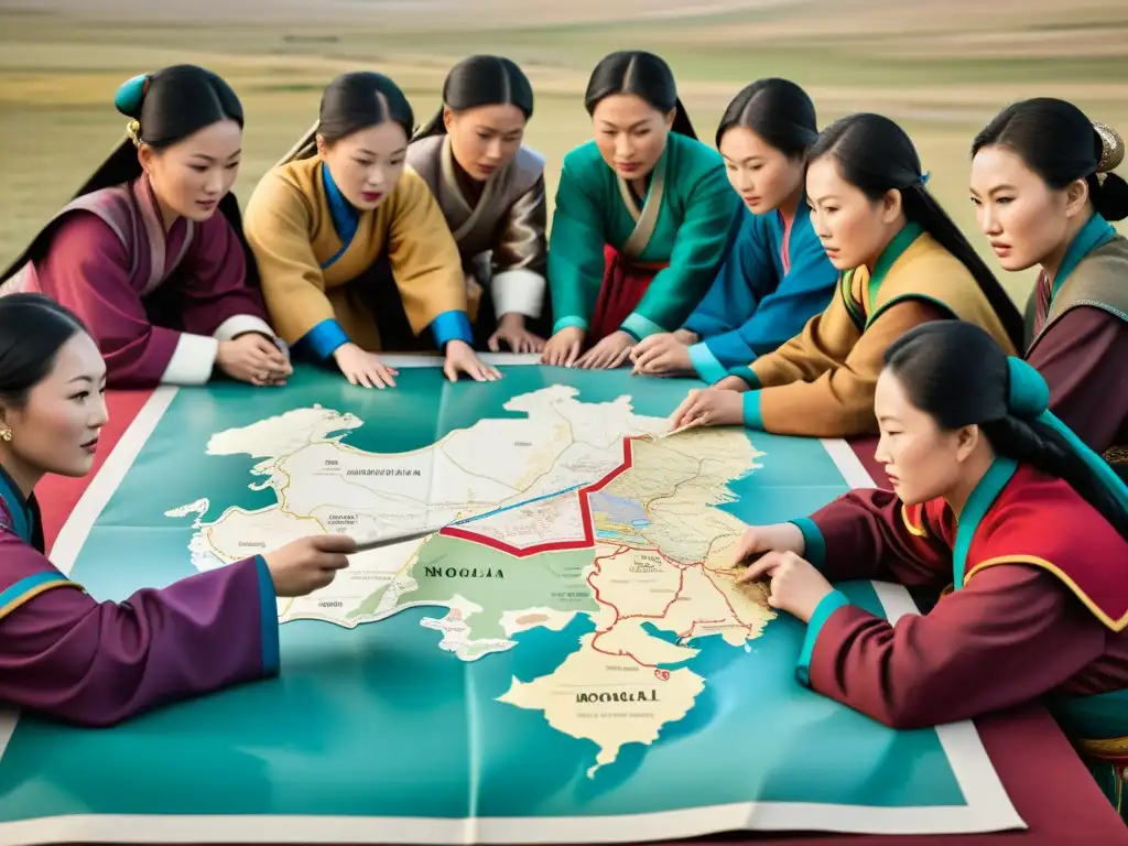 Mujeres en el Imperio Mongol: Grupo de mujeres mongolas discutiendo y estrategizando sobre la administración del imperio, señalando un mapa detallado