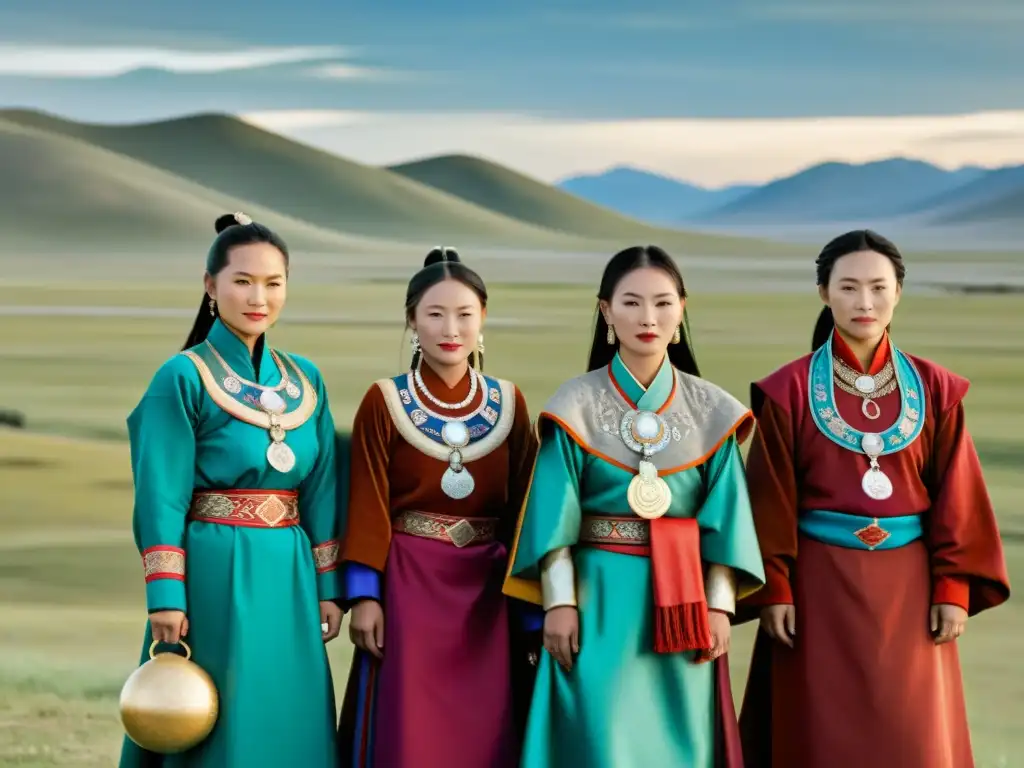 Mujeres en el Imperio Mongol: Grupo de mujeres mongolas en trajes tradicionales, expresando fuerza y resiliencia ante el vasto paisaje