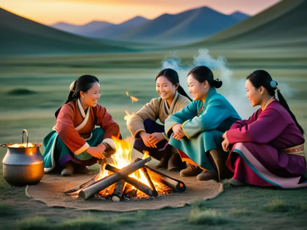 Mujeres en el Imperio Mongol: Grupo de mujeres mongolas en la estepa, cocinando y elaborando textiles alrededor de una fogata al atardecer