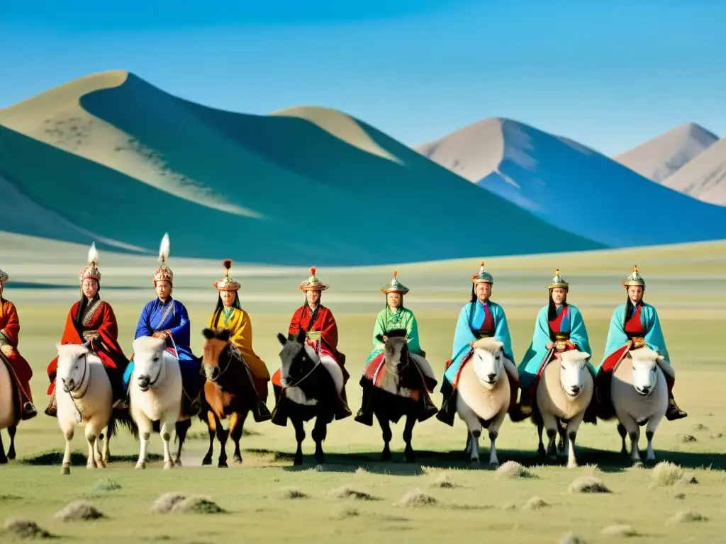 Mujeres en el Imperio Mongol: Grupo de mujeres montando a caballo en la vasta estepa, rodeadas de rebaños y paisajes impresionantes