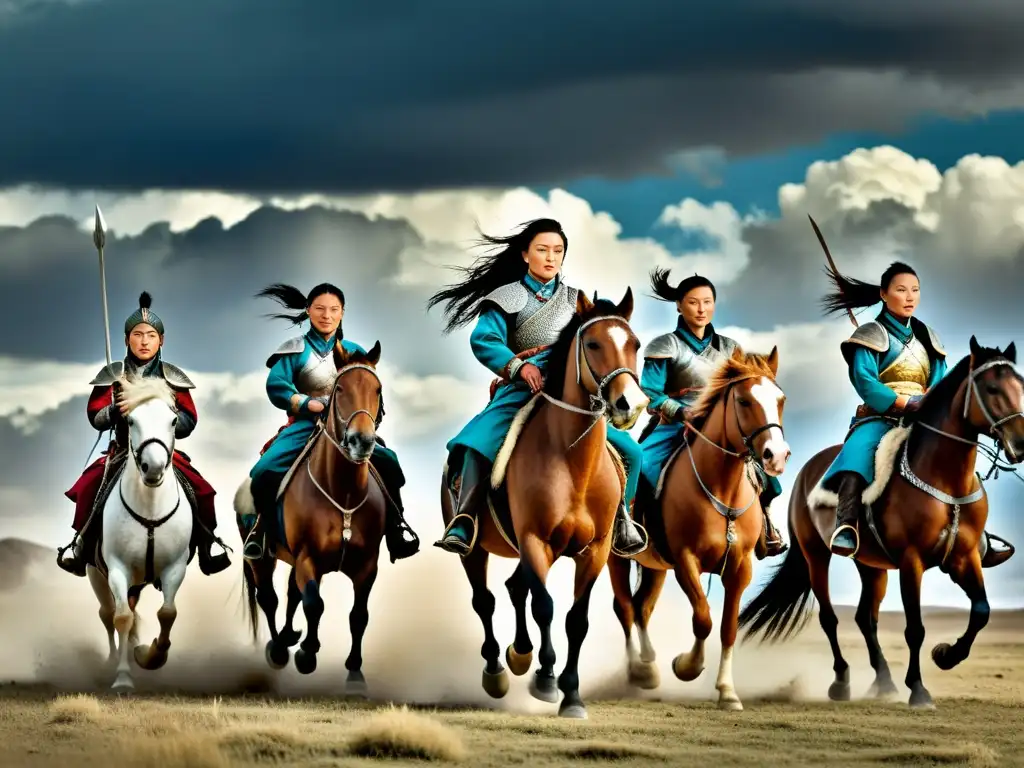 Mujeres en el Imperio Mongol: Grupo de guerreras montadas en la estepa, exudando fuerza y determinación bajo un cielo dramático