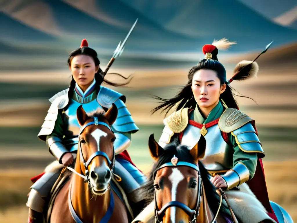 Mujeres en el Imperio Mongol: Guerreras montadas en caballo con armaduras tradicionales, mostrando fuerza y valentía en la vasta estepa mongola