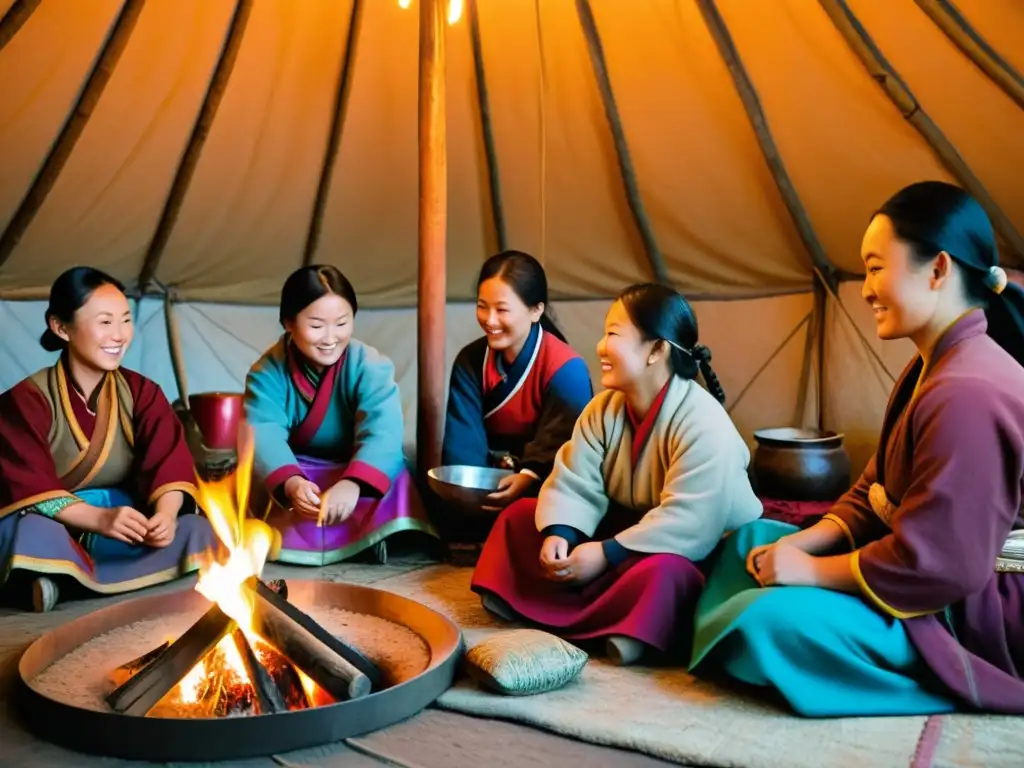 Mujeres en el Imperio Mongol: Mujeres mongoles en yurta, cocinando, cuidando niños y tejiendo, en un ambiente cálido y acogedor alrededor del fuego