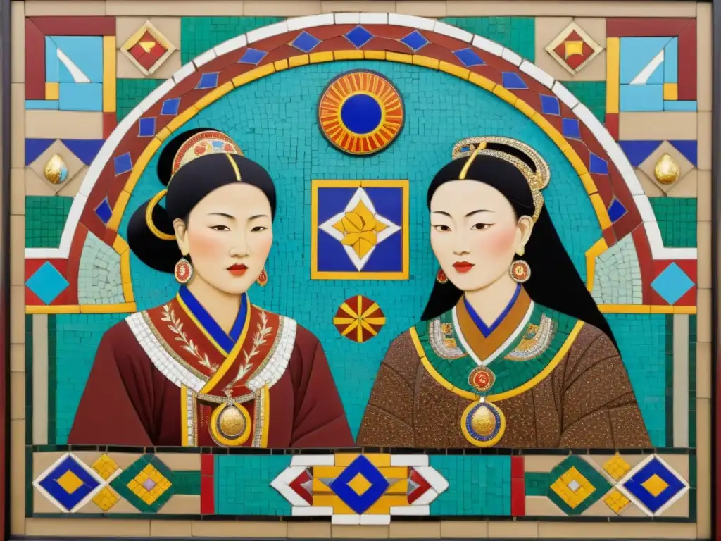 Mujeres en el Imperio Mongol: Mosaico vibrante y detallado de líderes femeninas poderosas y sabias, destacando su influencia histórica